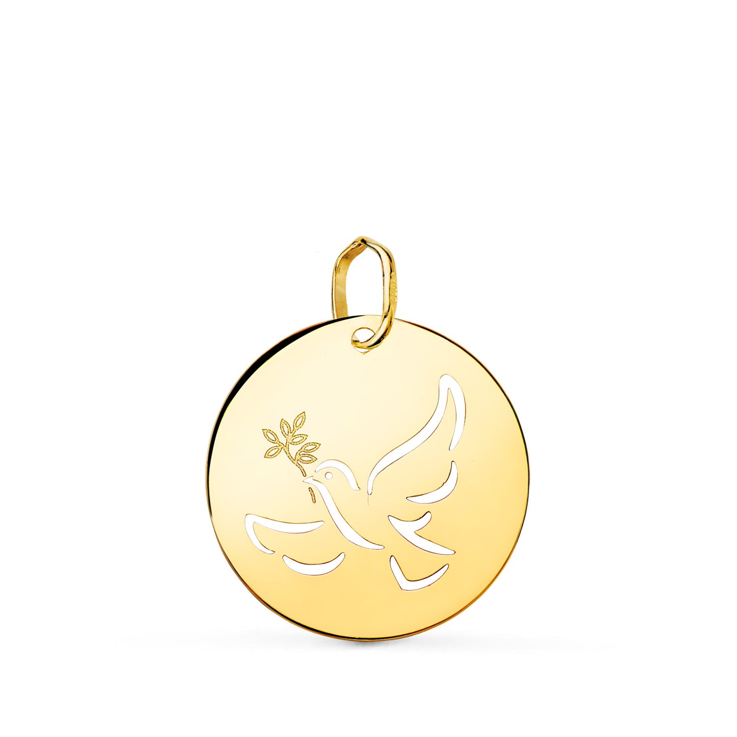 18K COLGANTE ORO AMARILLO REDONDO CON PALOMA CALADA EN BRILLO 18 MM