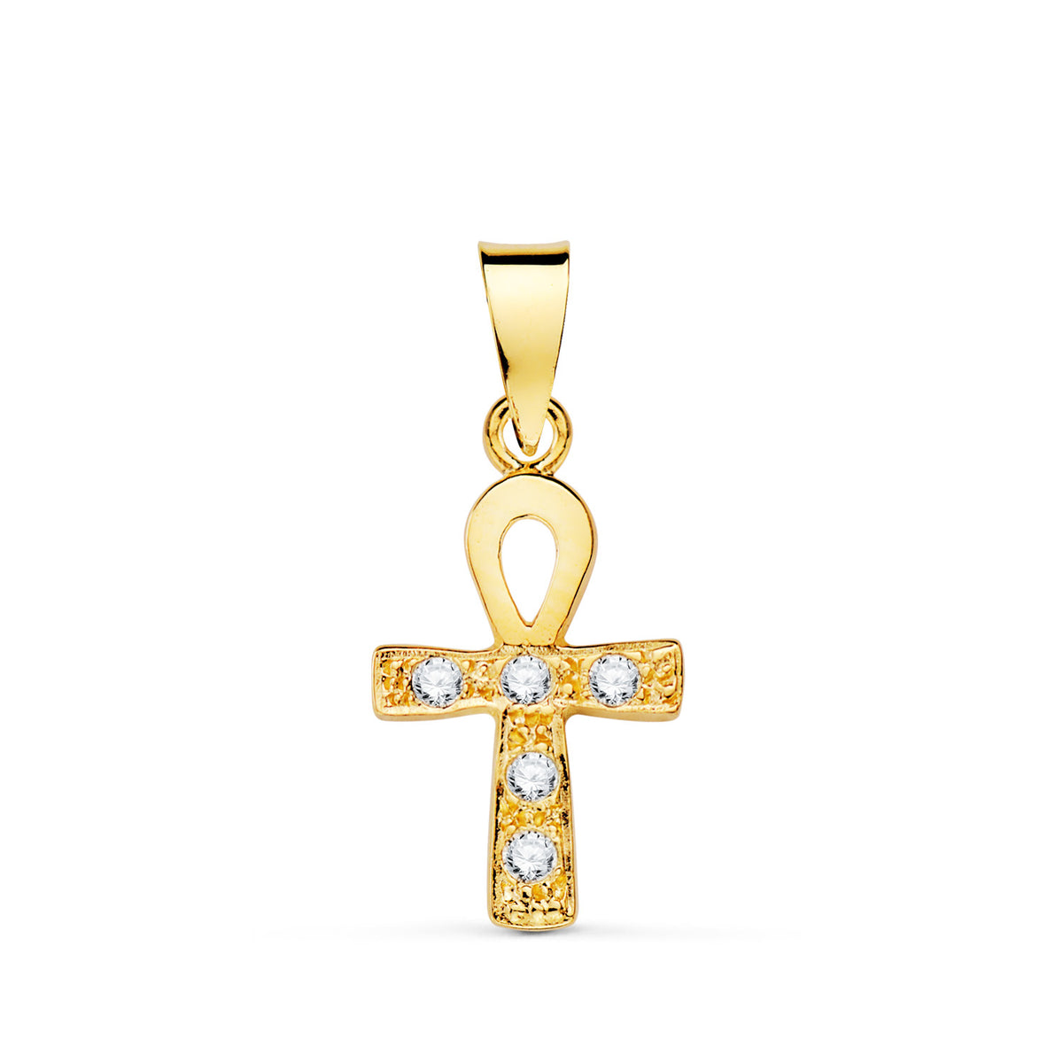 Cruz de la Vida Egipcia con Circonita Blancas. 14 x 10 mm. Amuleto Egipcio Ankh de oro amarillo 18K