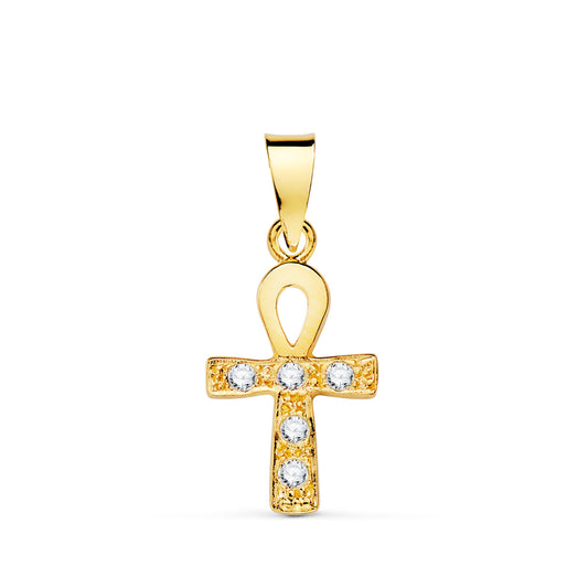 Cruz de la Vida Egipcia con Circonita Blancas. 14 x 10 mm. Amuleto Egipcio Ankh de oro amarillo 18K