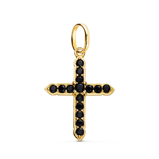 18K CRUZ ORO AMARILLO CON 15 CIRCONITA NEGRAS EN GARRAS. 24 X 18 MM