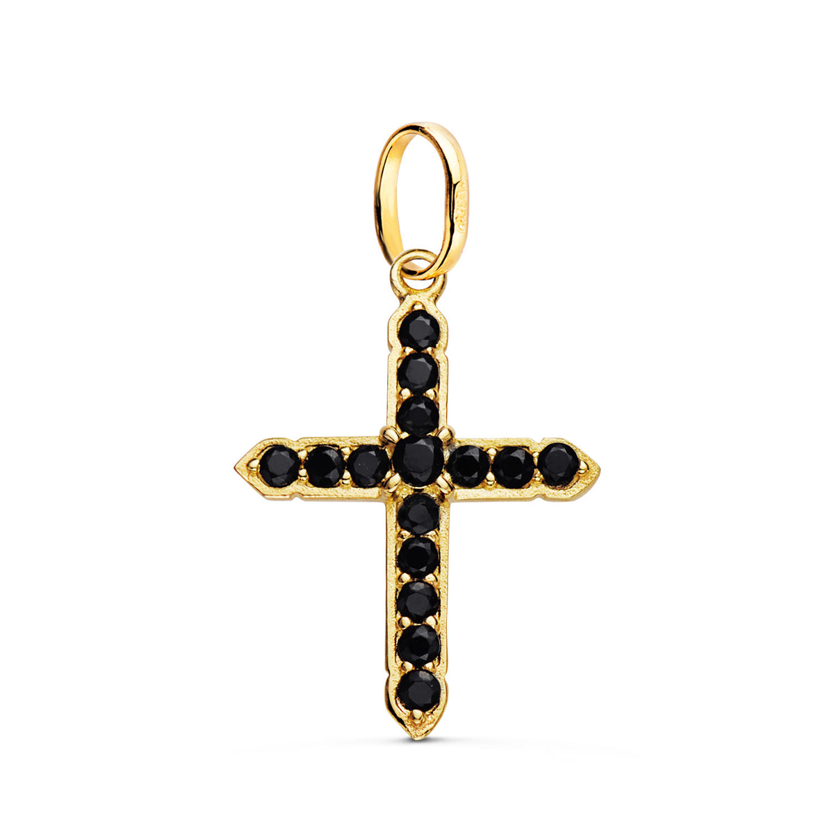 Cruz con 15 Circonita Negras en Garras. 24 x 18 mm de oro amarillo 18K