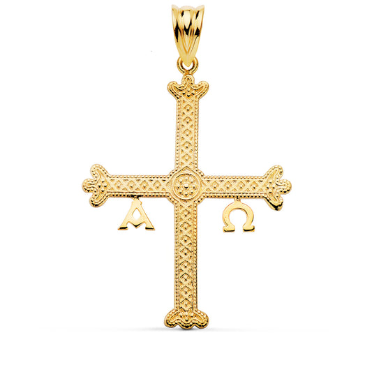 18K CRUZ DE COVADONGA O VICTORIA ORO AMARILLO DETALLES RELIEVE. 37 X 28 MM