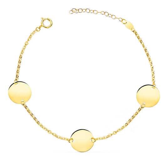 18K PULSERA ORO AMARILLO 3 DISCOS EN BRILLO REDONDOS DE 12 MM. LARGO: 18 3 CM