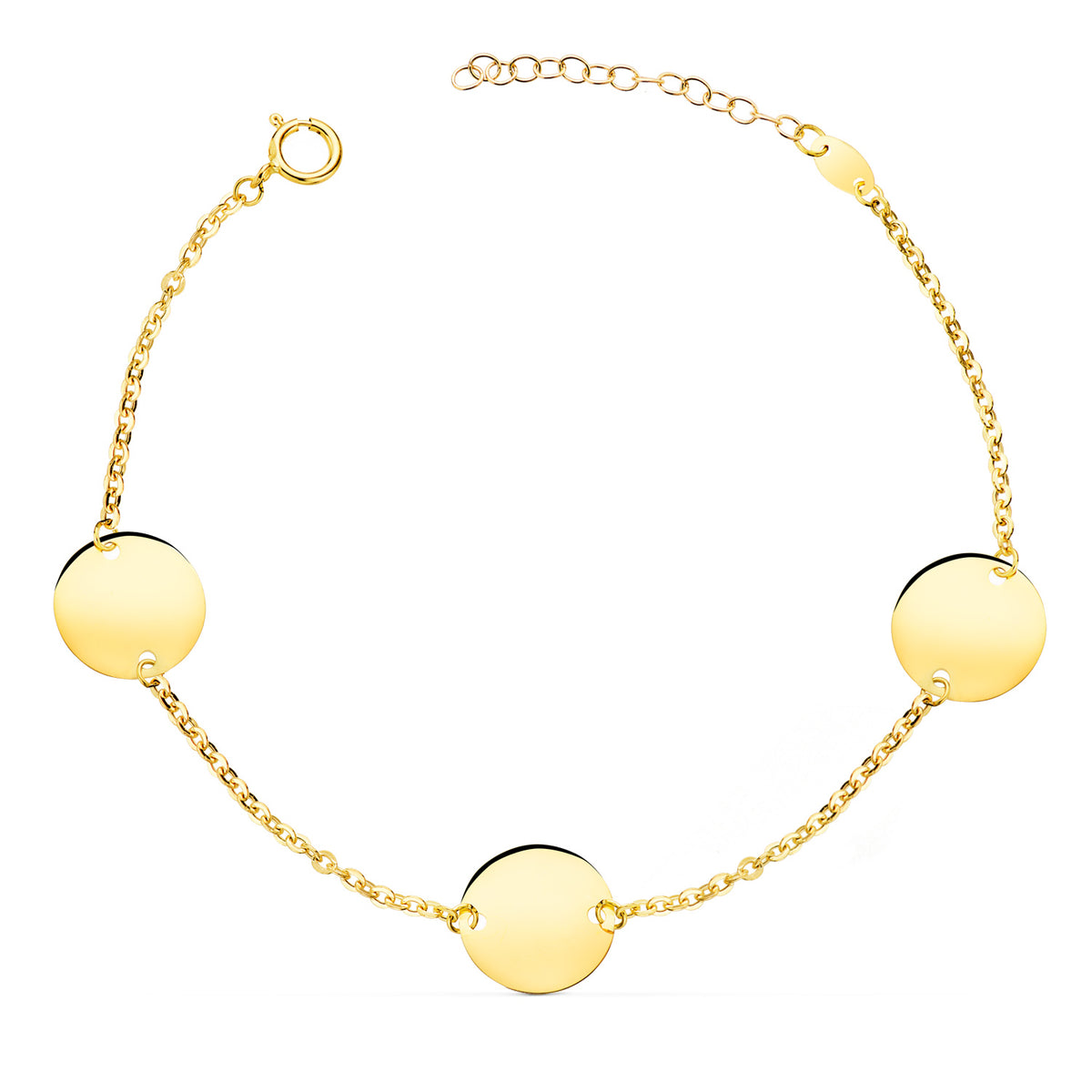 Pulsera 3 Discos en Brillo Redondos de 12 mm. Largo: 18 3 cm de oro amarillo 18K