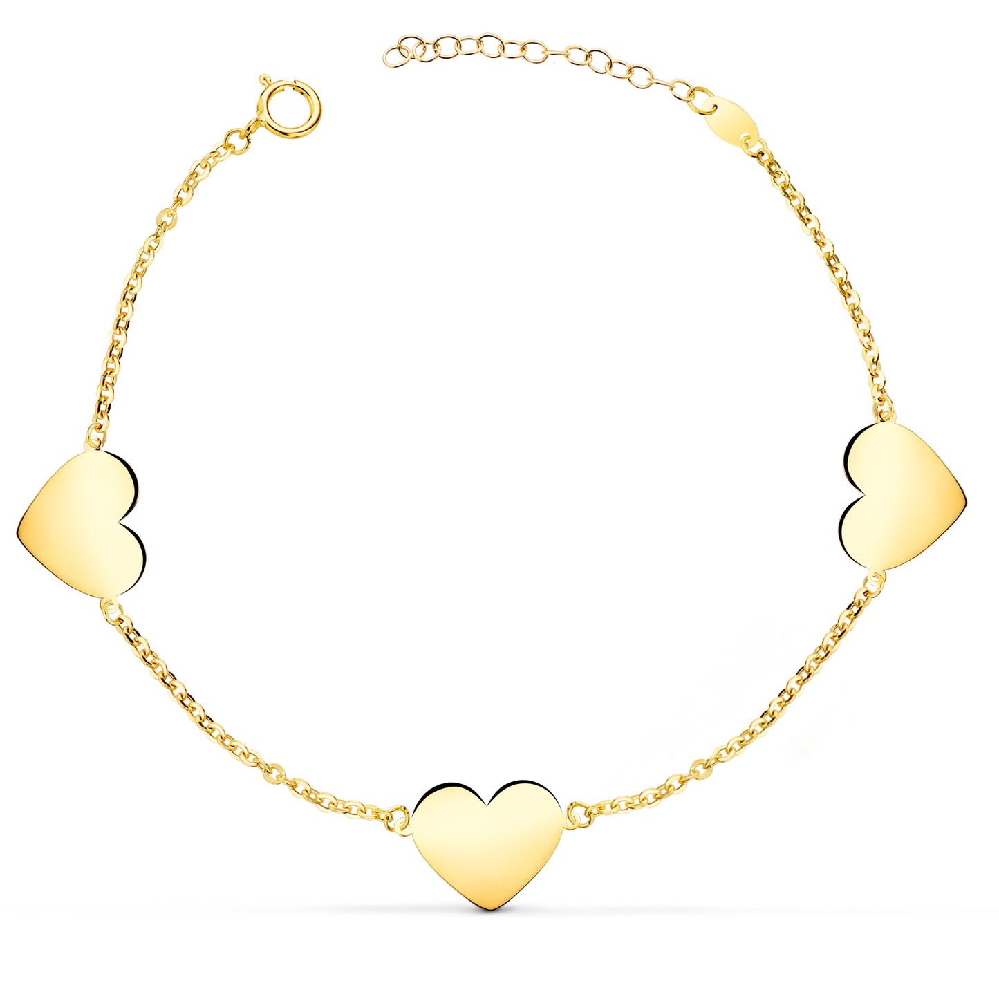 18K PULSERA ORO AMARILLO TRES CORAZONES EN BRILLO 11X10 MM. LARGO: 18 2 CM C. AMOR