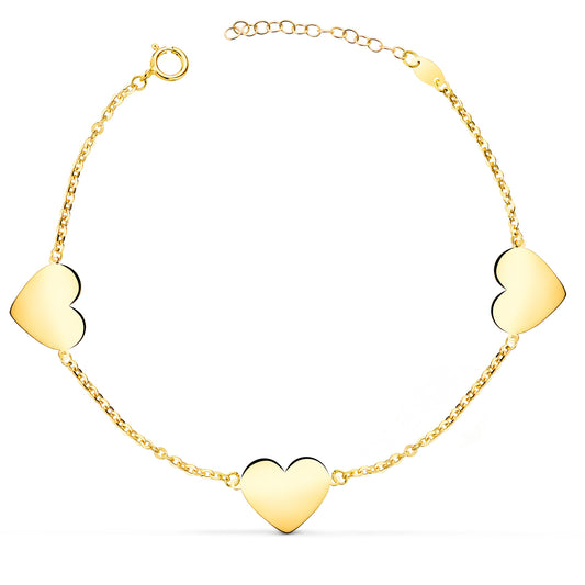 18K PULSERA ORO AMARILLO TRES CORAZONES EN BRILLO 11X10 MM. LARGO: 18 2 CM C. AMOR