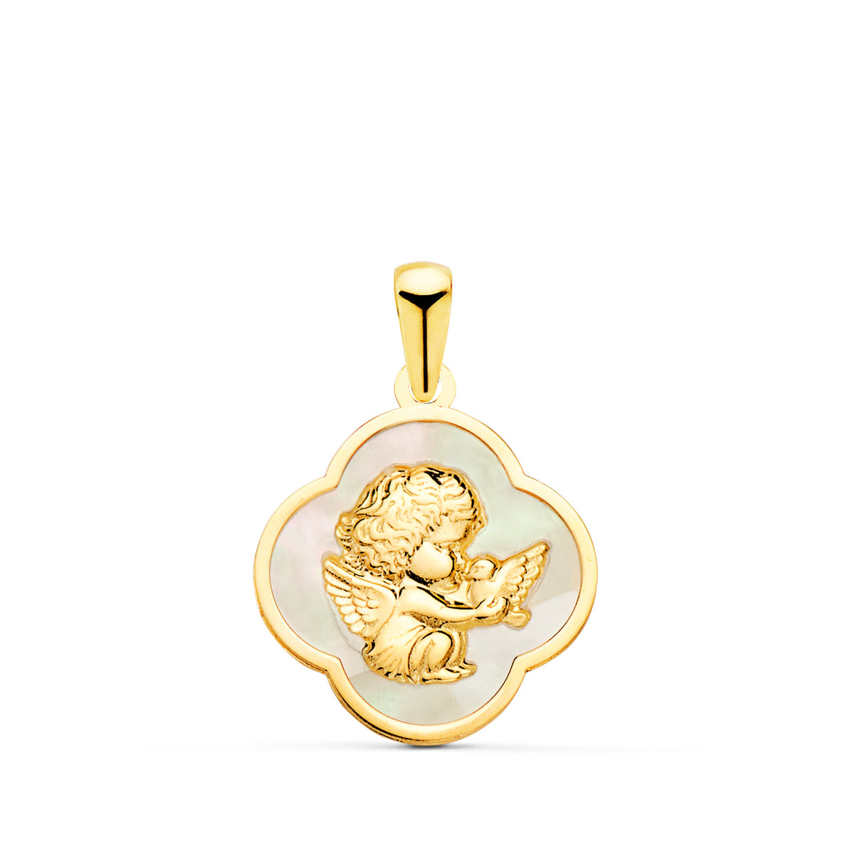 Colgante Trebol con Angel Burlon y Nacar Blanco 17 x 17 mm de oro amarillo 18K