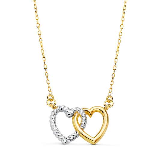 18K GARGANTILLA ORO BICOLOR DOS CORAZONES 13X9 MM. CADENA FORZADA 42 3 CM