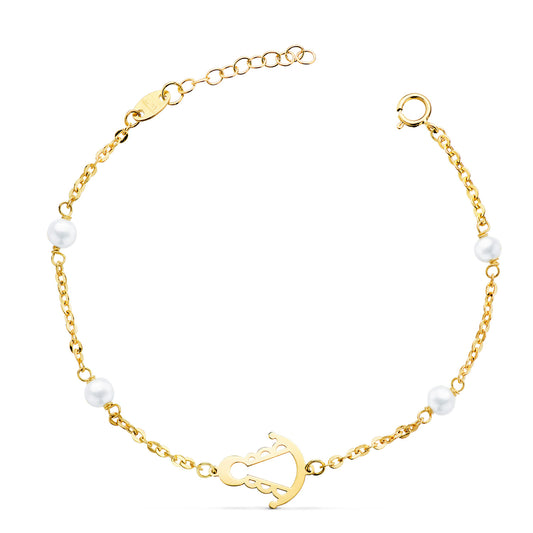 Pulsera Silueta Virgen Rocio 14 x 11 mm con Perlas. Largo: 17,5 cm de oro amarillo 18K