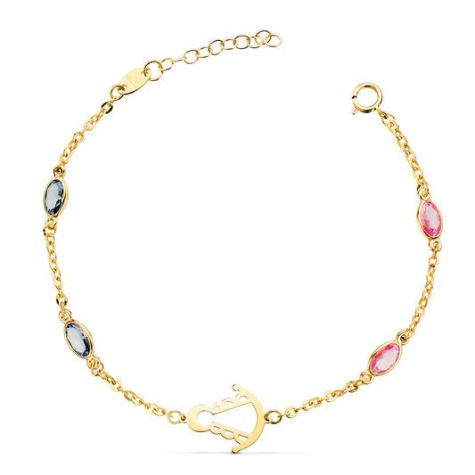 18K PULSERA ORO AMARILLO SILUETA VIRGEN ROCIO 14X11 MM CON CIRCONITAS ROSAS Y AZULES. LARGO: 15 3 CM
