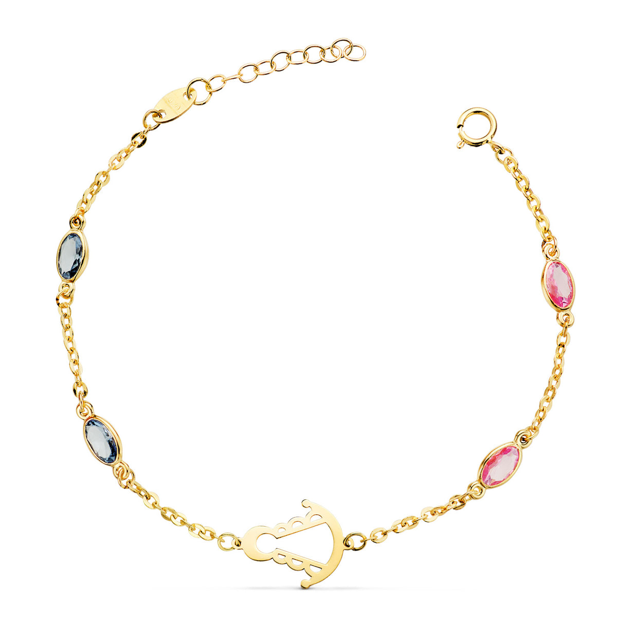 Pulsera Silueta Virgen Rocio 14 x 11 mm con Circonitas Rosas y Azules. Largo: 15 3 cm de oro amarillo 18K
