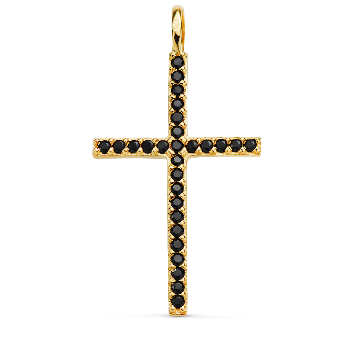 Cruz con Circonita Negras 37 x 19 mm. Anilla Fija de oro amarillo 18K