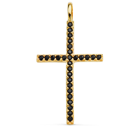 18K CRUZ ORO AMARILLO CON CIRCONITA NEGRAS 37 X 19 MM. ANILLA FIJA
