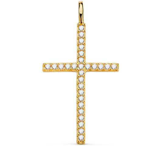 18K CRUZ ORO AMARILLO CON CIRCONITA BLANCAS 37 X 19 MM. ANILLA FIJA