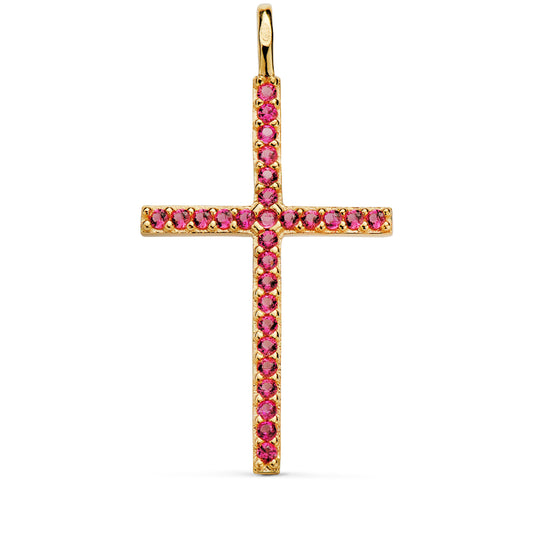 18K CRUZ ORO AMARILLO CON CIRCONITA ROJAS 37 X 19 MM. ANILLA FIJA