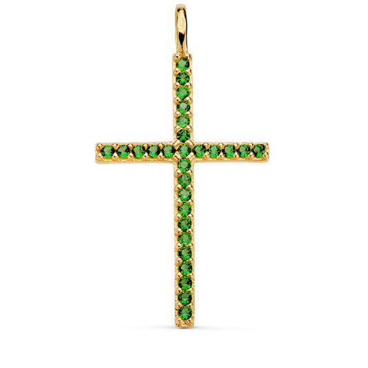 Cruz con Circonita Verdes 37 x 19 mm. Anilla Fija de oro amarillo 18K