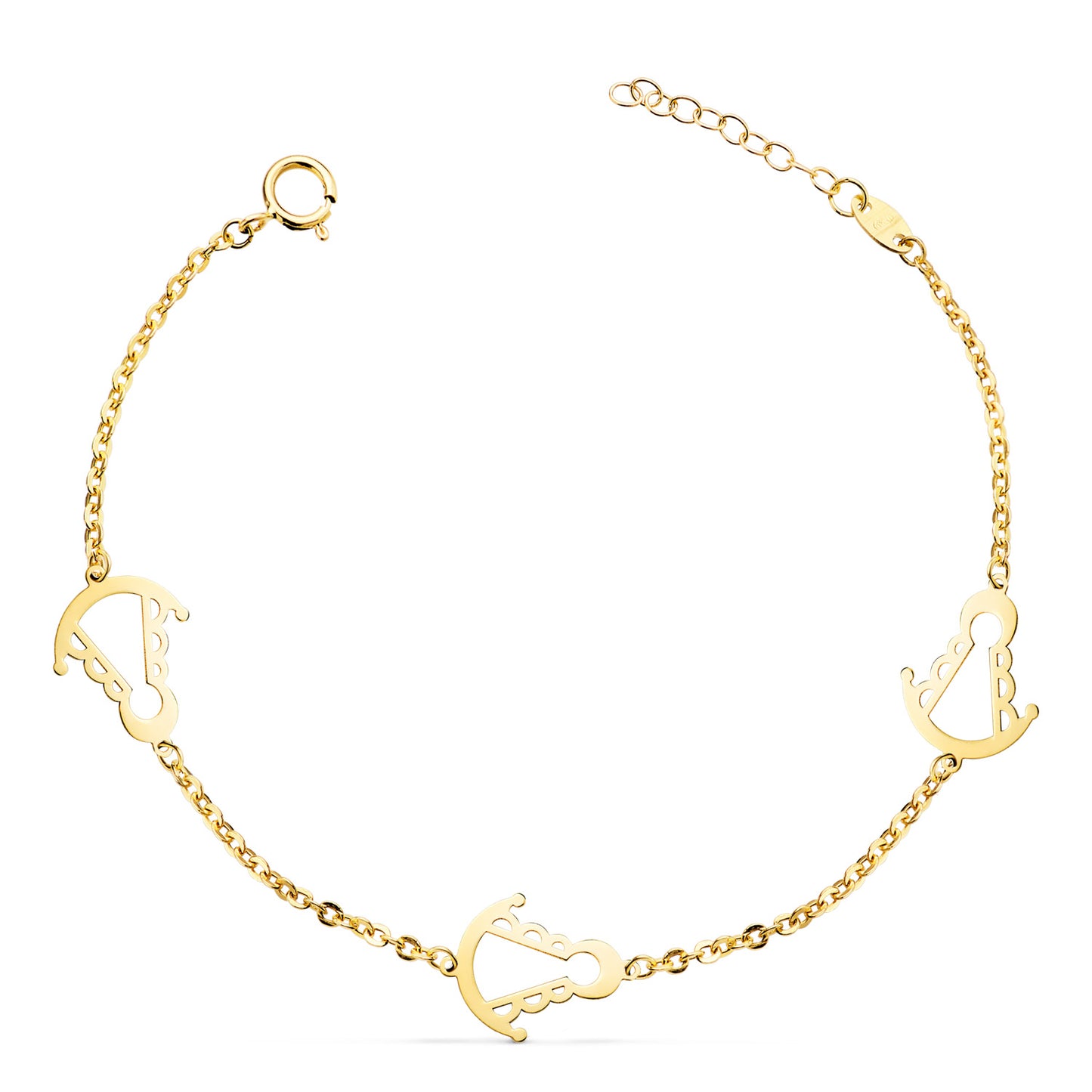 Pulsera Tres Sliuetas Virgen Rocio 14 x 11 mm Con. Largo: 15,5 3 cm de oro amarillo 18K