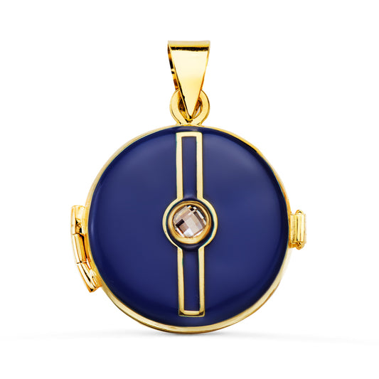 18K COLGANTE ORO AMARILLO GUARDAPELO DIJE PORTAFOTOS REDONDO ESMALTE AZUL CIRCONITA 4MM. MEDIDA: 21 MM