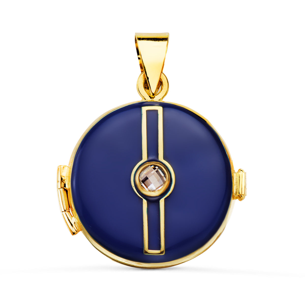 Colgante Guardapelo Dije Portafotos Redondo Esmalte Azul Circonita 4 mm. Medida: 21 mm de oro amarillo 18K