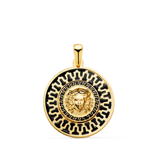 Medalla Medusa Greca y Motivo con Esmalte Negro. 20 mm de oro amarillo 18K