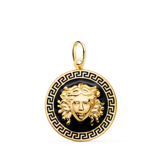 18K MEDALLA ORO AMARILLO MEDUSA GRECA CON ESMALTE NEGRO. 20 MM