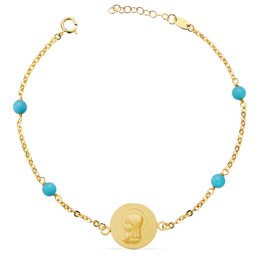 Pulsera Medalla Virgen Niña 14 mm y Bolas Turquesas. Largo: 19 3 cm de oro amarillo 18K