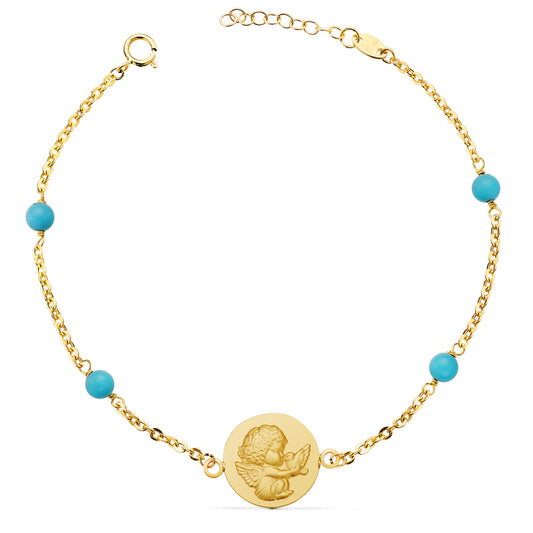 Pulsera Medalla Angelito 14 mm y Bolas Turquesas. Largo: 19 3 cm de oro amarillo 18K