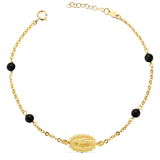 Pulsera Virgen Milagrosa 13 x 9 mm Bolas Negras. Largo: 17 3 cm de oro amarillo 18K