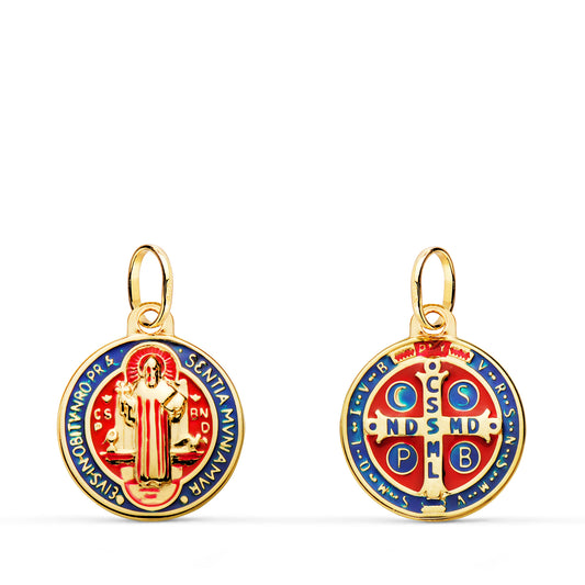 18K ESCAPULARIO ORO AMARILLO SAN BENITO MONJE EN BRILLO ESMALTADO. 14 MM