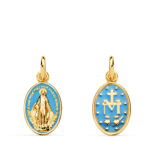 Medalla Virgen Milagrosa Oval Esmalte Azul. Medida: 16 x 10 mm de oro amarillo 18K