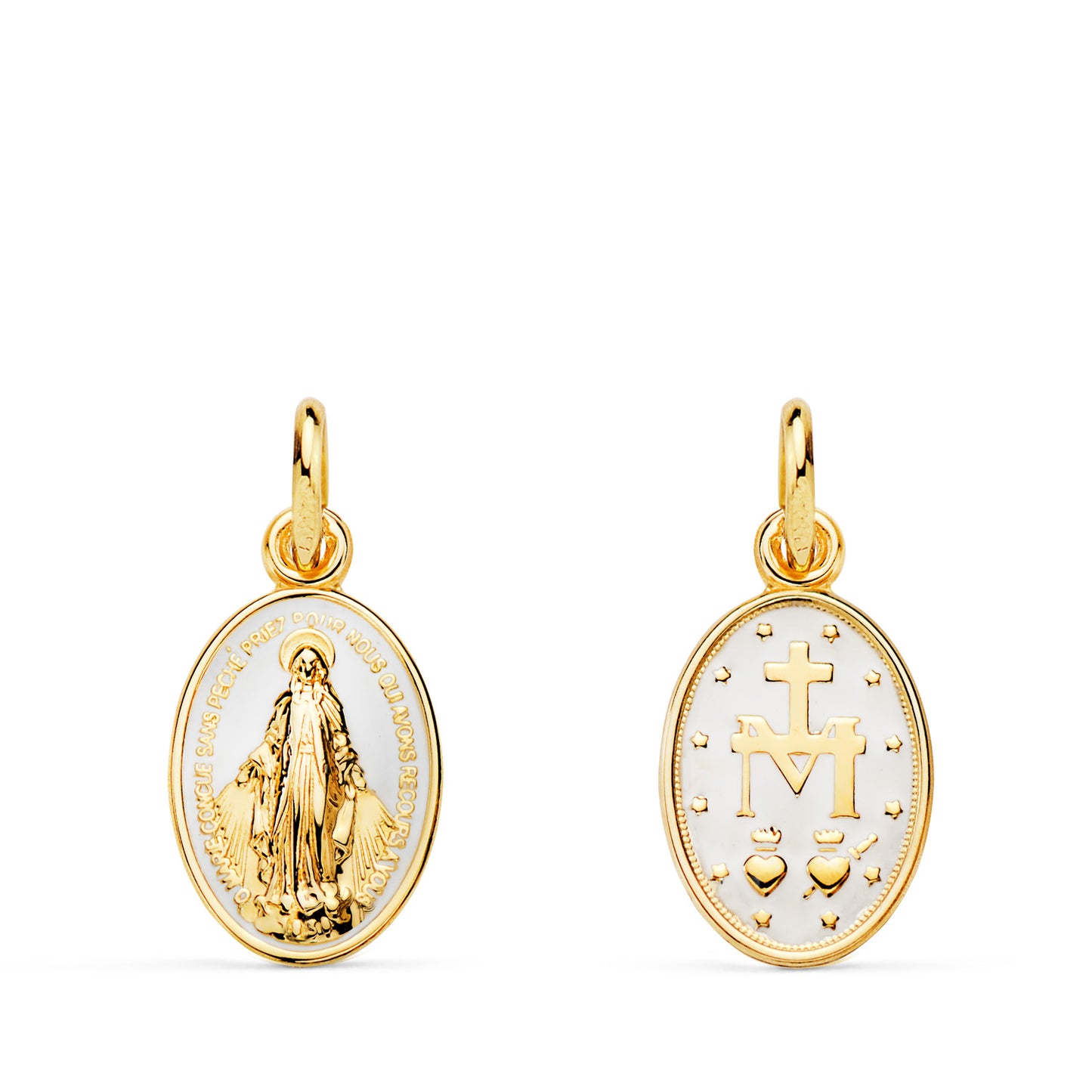 9K MEDALLA ORO AMARILLO VIRGEN MILAGROSA OVAL ESMALTE BLANCO. MEDIDA: 16 X 10 MM