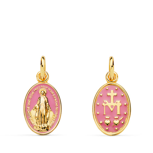 Medalla Virgen Milagrosa Oval Esmalte Rosa. Medida: 16 x 10 mm de oro amarillo 18K