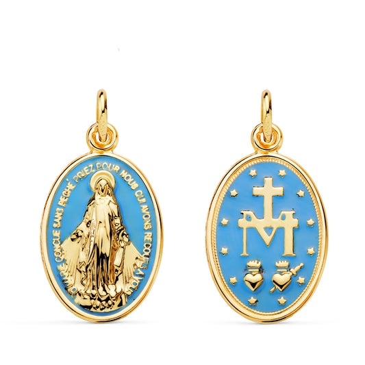 Medalla Virgen Milagrosa Oval Esmalte Azul Cielo. Medida: 20 x 14 mm de oro amarillo 18K