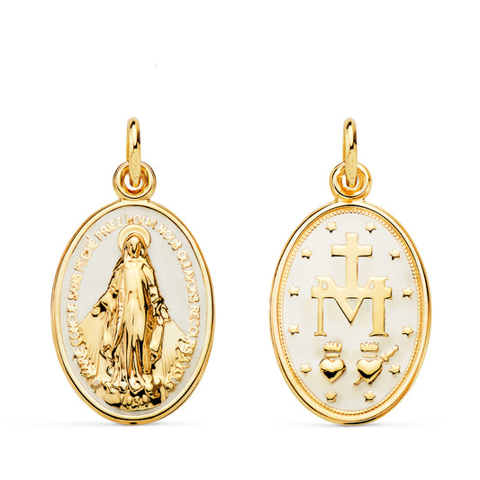 Medalla Virgen Milagrosa Oval Esmalte Blanco. Medida: 20 x 14 mm de oro amarillo 9K