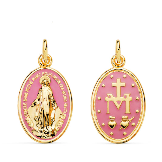 Medalla Virgen Milagrosa Oval Esmalte Rosa. Medida: 20 x 14 mm de oro amarillo 18K