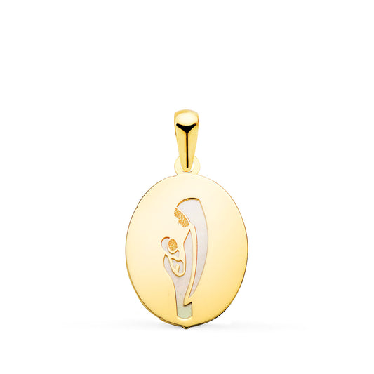 Medalla Virgen Madre Oval con Nacar Blanco en Brillo. Medida: 15 x 12 mm de oro amarillo 18K