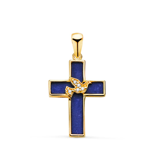 Cruz Lapizlazuli y Pajaro con Circonitas. Medida: 19 x 12,5 mm de oro amarillo 18K