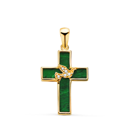 18K CRUZ ORO AMARILLO MALAQUITA Y PAJARO CON CIRCONITAS. MEDIDA: 19 X 12,5 MM