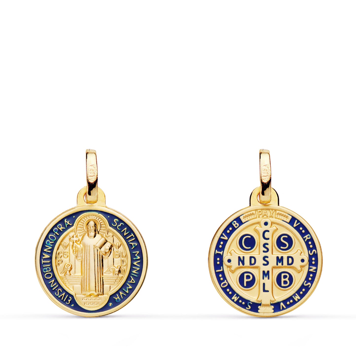 18K ESCAPULARIO ORO AMARILLO SAN BENITO MONJE MATIZADO ESMALTE AZUL. ANCHO: 14 MM