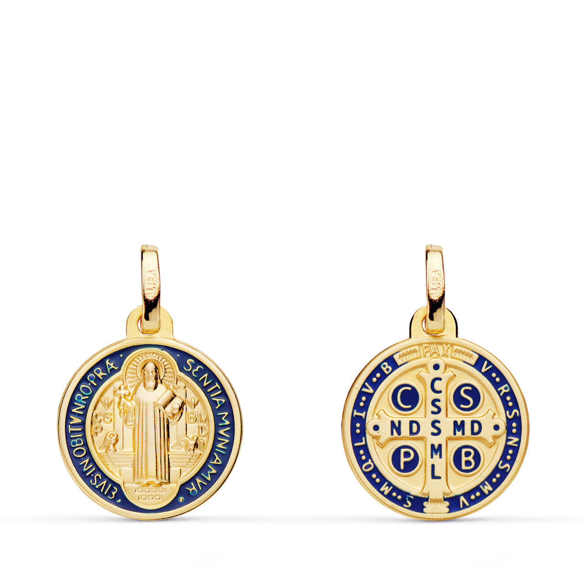 Escapulario San Benito Monje Matizado Esmalte Azul. Ancho: 14 mm de oro amarillo 18K