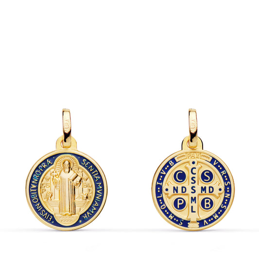 Escapulario San Benito Monje Matizado Esmalte Azul. Ancho: 14 mm de oro amarillo 18K