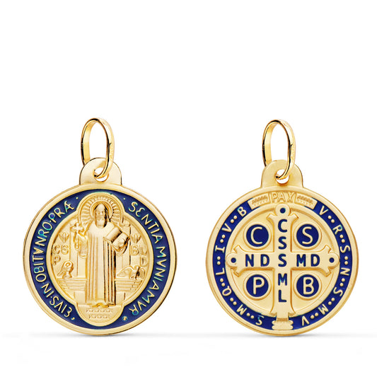 Escapulario San Benito Monje Matizado Esmalte Azul. Ancho: 20 mm de oro amarillo 18K