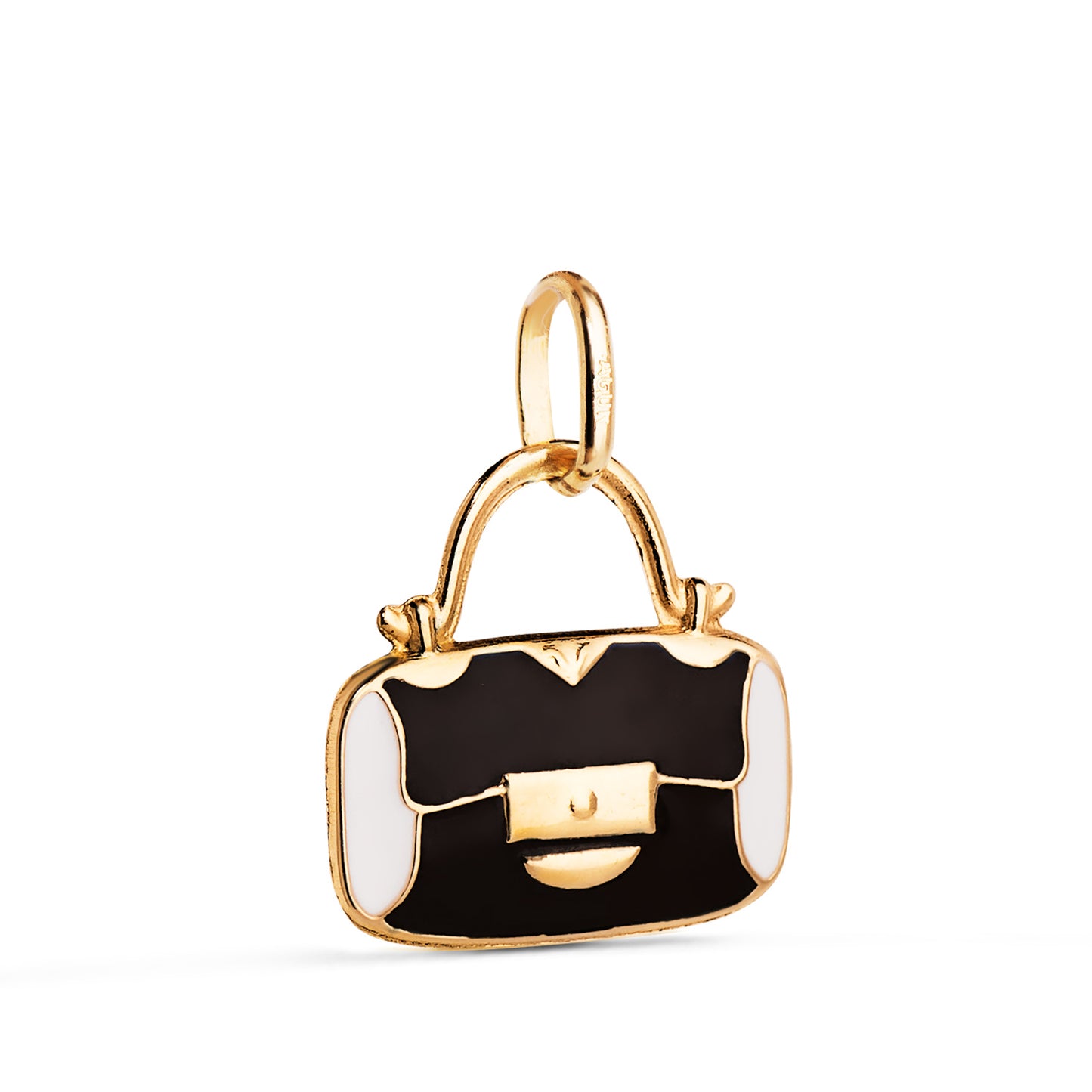 18K COLGANTE ORO AMARILLO BOLSO CON ESMALTE NEGRO Y BLANCO. MEDIDA: 14 X 13 MM