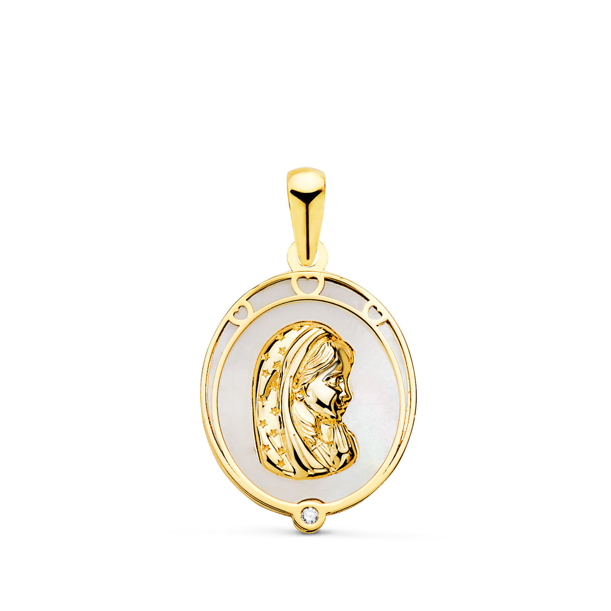 Medalla Virgen Niña Oval con Nacar Blanco y Circonita. Medida: 17 x 13 mm de oro amarillo 18K
