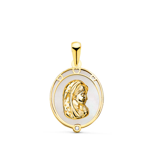 Medalla Virgen Niña Oval con Nacar Blanco y Circonita. Medida: 17 x 13 mm de oro amarillo 18K