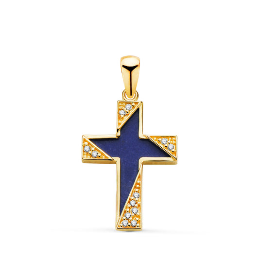 Cruz Lapizlazuli Detalles con Circonitas. Medida: 19 x 12,5 mm de oro amarillo 18K