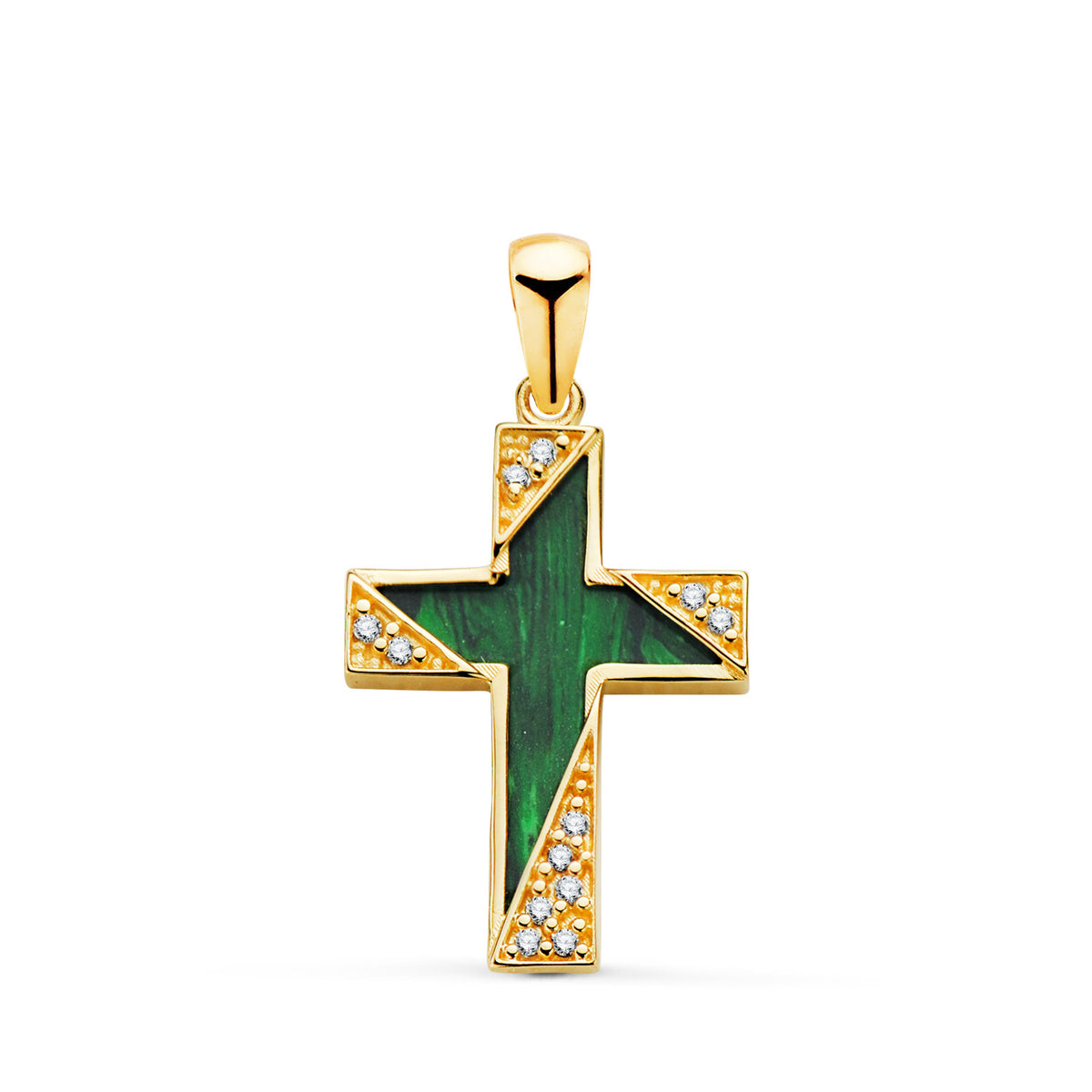 Cruz Malaquita Detalles con Circonitas. Medida: 19 x 12,5 mm de oro amarillo 18K