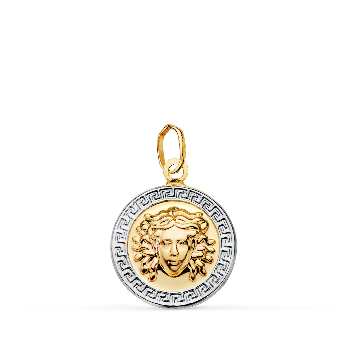 Medalla Bicolor Medusa Greca en Brillo. Medida: 15 mm 18K