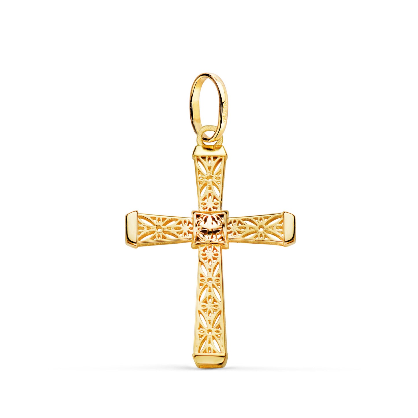 18K CRUZ ORO AMARILLO CALADA DETALLES FILIGRANA. MEDIDA: 24 X 16 MM