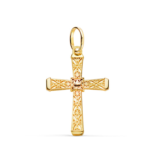 18K CRUZ ORO AMARILLO CALADA DETALLES FILIGRANA. MEDIDA: 24 X 16 MM